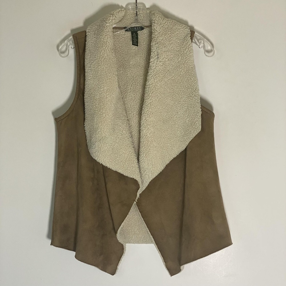 Lauren Ralph Lauren Vest Womens Medium Brown Sherpa Open Front Shawl Collar